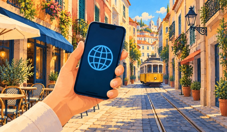 Illustrated phone on a sunny street with a tram
