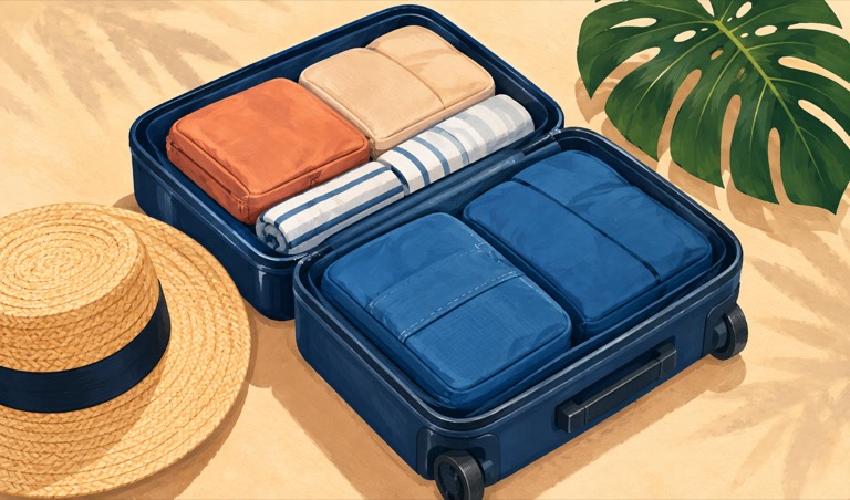 Illustrated travel essentials ready to pack